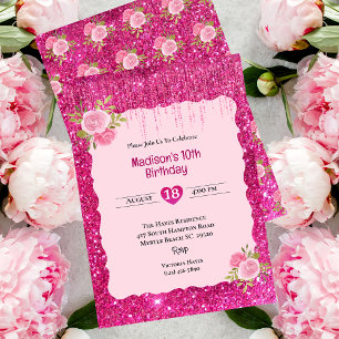 Girls Pink Glitter Floral 10th Birthday Party Invitation