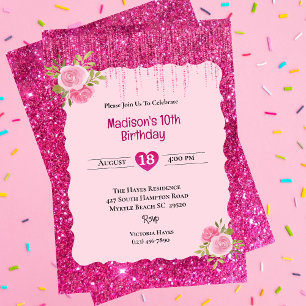 Girls Pink Glitter Floral 10th Birthday Party Invitation