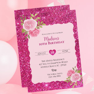 Girls Pink Glitter Floral 10th Birthday Party Invitation