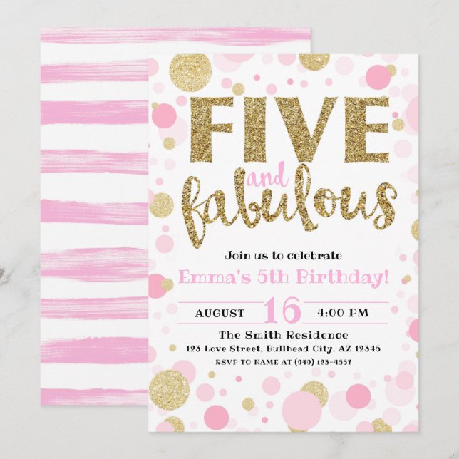 Girl's Pink & Gold Five & Fabulous 5th Birthday Invitation (Front/Back)