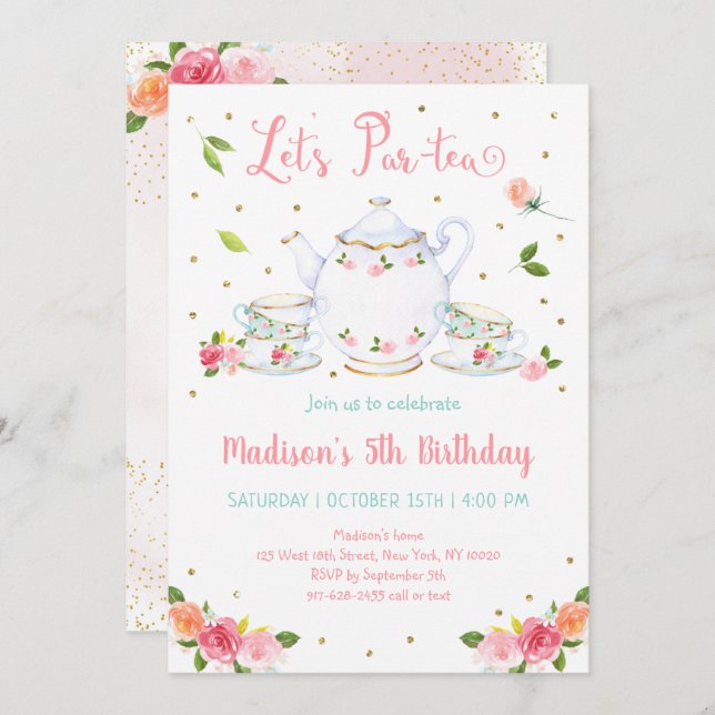 Girls Pink Gold Floral Tea Party Birthday Invitation (Front/Back)