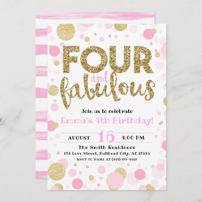 Girl's Pink & Gold Four & Fabulous 4th Birthday Invitation (Front/Back)