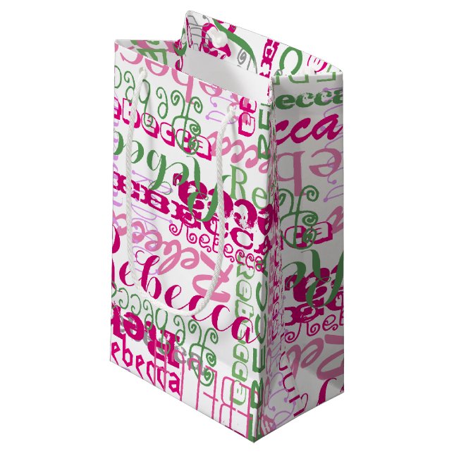 Girl's Pink Green Fun Name Collage Allover Print Small Gift Bag (Front Angled)