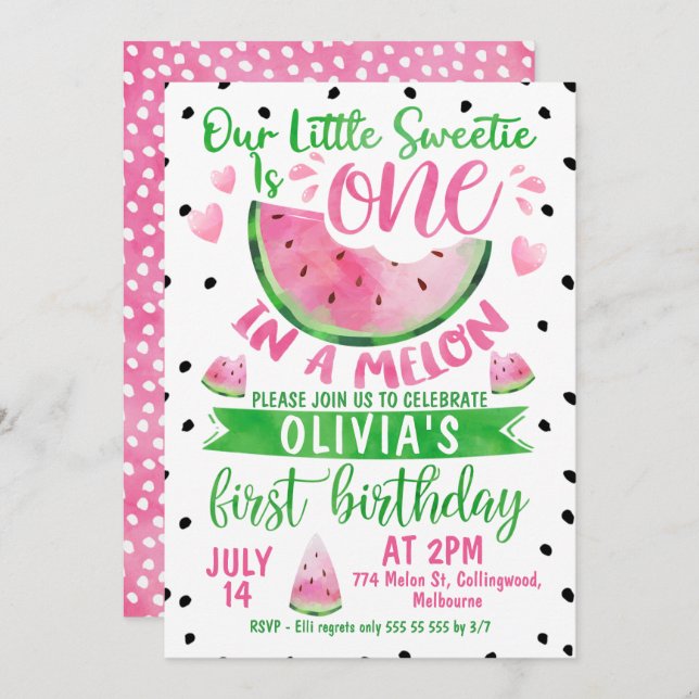Girls Pink Green One In A Melon 1st Birthday Invitation (Front/Back)