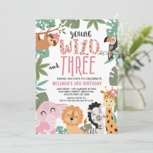 Girls Pink Green Young Wild Three 3rd Birthday Invitation
