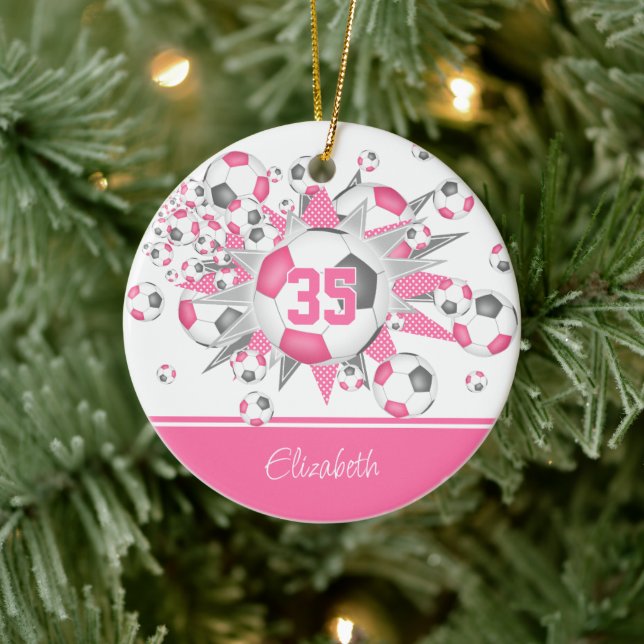 Girls pink grey personalised soccer balls stars ceramic ornament (Tree)