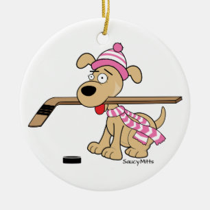 Girls Pink Hockey Cartoon Hockey Dog Christmas Ceramic Tree Decoration