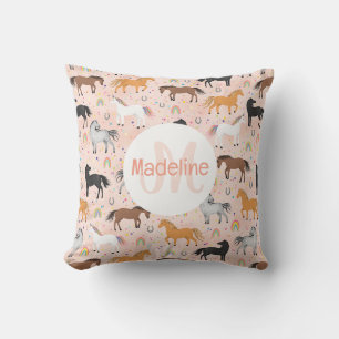 Girls Pink Horse Unicorn Rainbow Kids Monogrammed Cushion