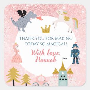 Girls Pink Magical Princess Birthday Thank You Square Sticker