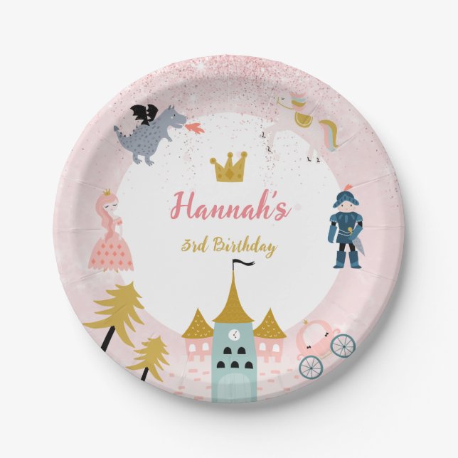 Girls Pink Magical Princess Castle Birthday Paper Plate (Front)