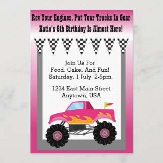 Girls Pink Monster Truck Party Invitation