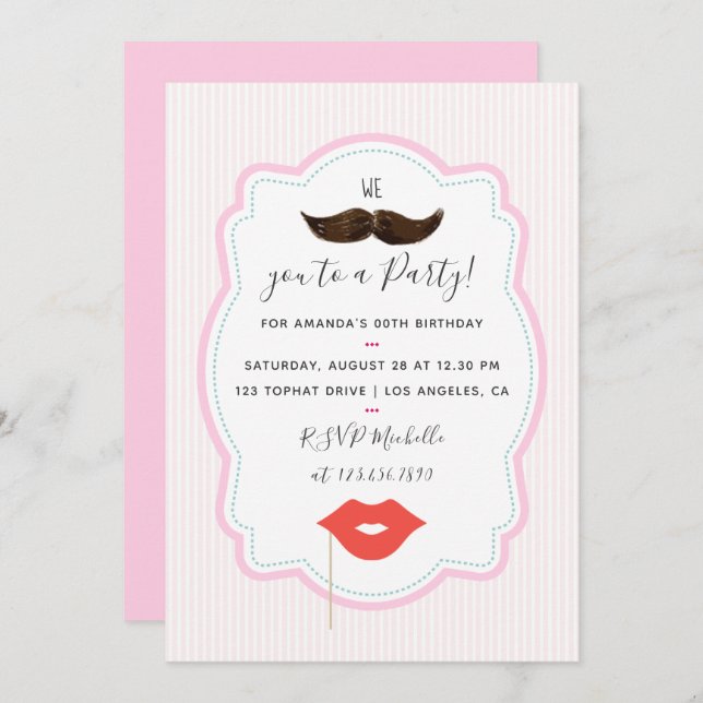 Girls Pink Moustache Party Invitation (Front/Back)