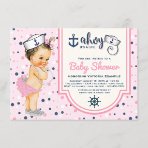 Girls Pink Navy Blue Nautical Baby Shower Invitation