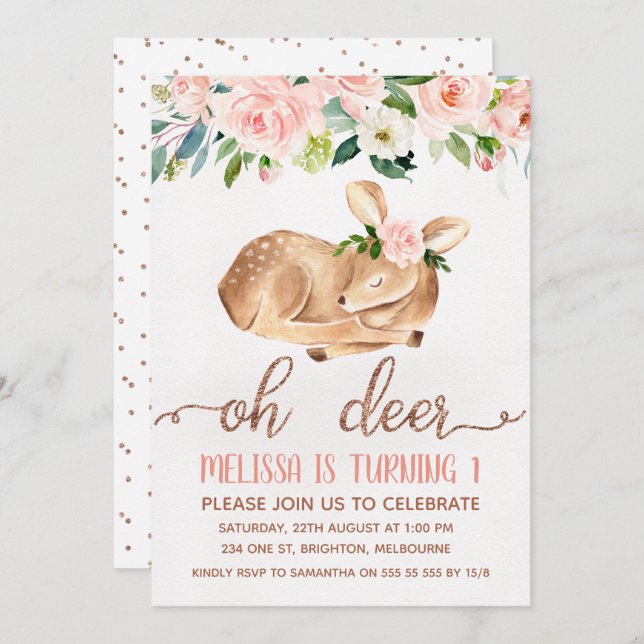 Girls Pink Oh Deer Birthday Party Invitation (Front/Back)