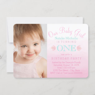 Girls Pink Ombre First Birthday Party Invitation