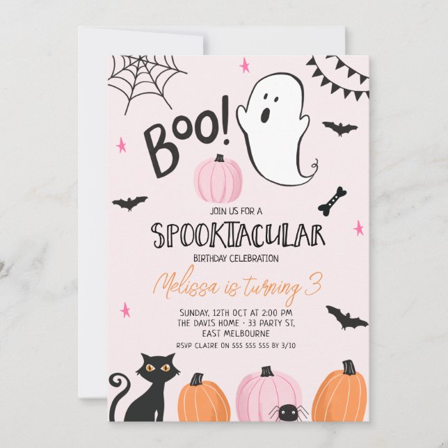 Girls Pink Orange Black Boo Halloween Birthday Invitation (Front)