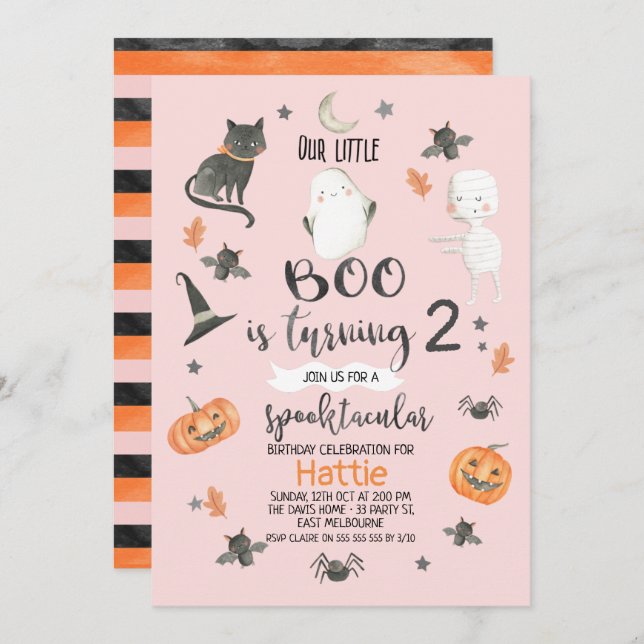 Girls Pink Orange Grey Halloween Birthday Invitation (Front/Back)