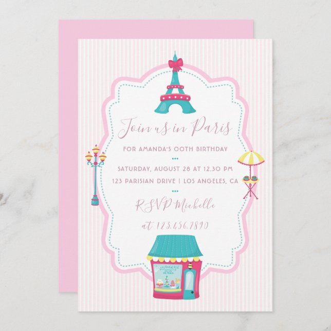 Girl's Pink Paris Theme Birthday Party Invitation (Front/Back)