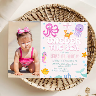 Girls Pink Photo Oneder the Sea 1st Birthday Invitation