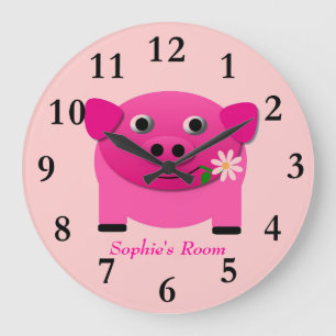 Girl's Pink Pig Wall Clock Personalised With Name