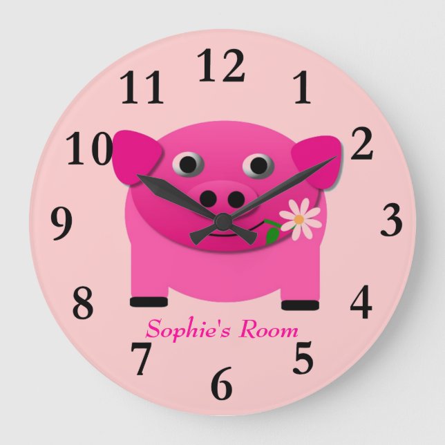 Girl's Pink Pig Wall Clock Personalised With Name (Front)