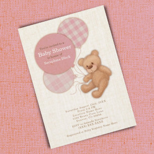 Girls Pink Plaid Teddy Bear Baby Shower Invitation