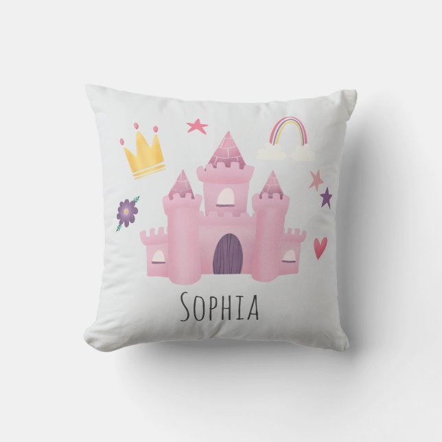 Girls Pink Princess Castle and Crown Kids Nursery Cushion (Front)