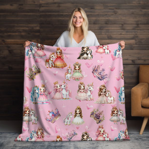 Girls Pink Princess & Unicorn Pattern With Crowns  Fleece Blanket