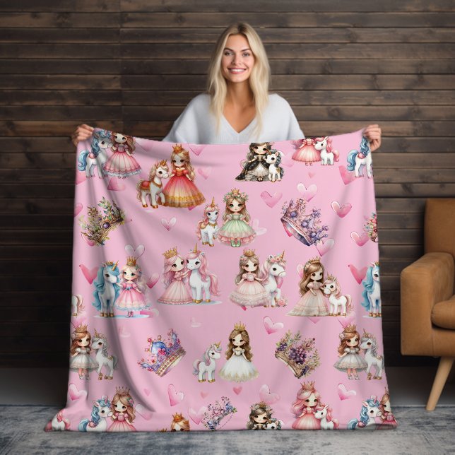 Girls Pink Princess & Unicorn Pattern With Crowns  Fleece Blanket (Creator Uploaded)