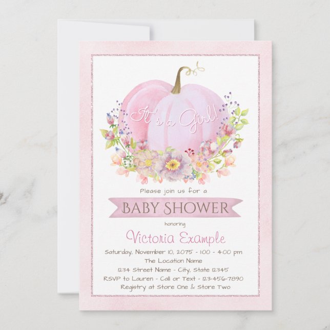 Girls Pink Pumpkin Baby Shower Invitations (Front)