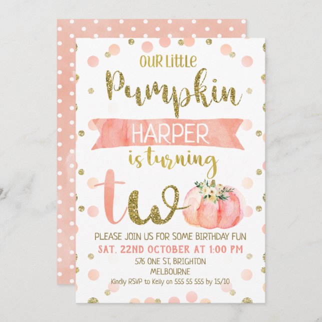 Girls Pink Pumpkin Second Birthday Invitation (Front/Back)