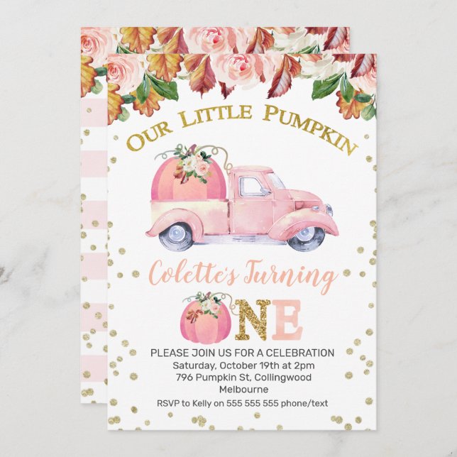 Girls Pink Pumpkin Truck 1st Birthday Invitation (Front/Back)
