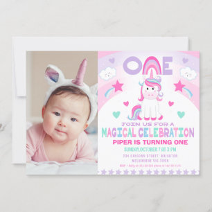 Girls Pink Rainbow Magical Unicorn 1st Birthday  Invitation
