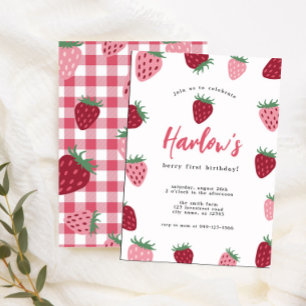 Girl's Pink & Red Strawberry Berry first Birthday  Invitation