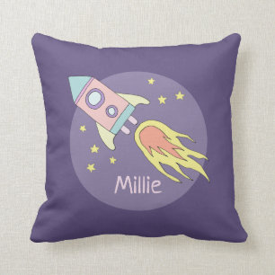 Girl's Pink Rocket Ship Space and Name Kids Cushion