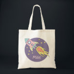 Girl's Pink Rocket Ship Space Galaxy and Name Tote Bag<br><div class="desc">This gorgeous kids tote bag features a beautiful and colourful hand drawn rocket ship in outer space. The design also features a place for you to add your girl's name. Perfect for any toddler or child,  or for a new mum to use as a diaper bag!</div>