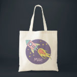 Girl's Pink Rocket Ship Space Galaxy and Name Tote Bag<br><div class="desc">This gorgeous kids tote bag features a beautiful and colourful hand drawn rocket ship in outer space. The design also features a place for you to add your girl's name. Perfect for any toddler or child,  or for a new mum to use as a diaper bag!</div>