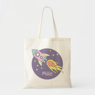Girl's Pink Rocket Ship Space Galaxy and Name Tote Bag