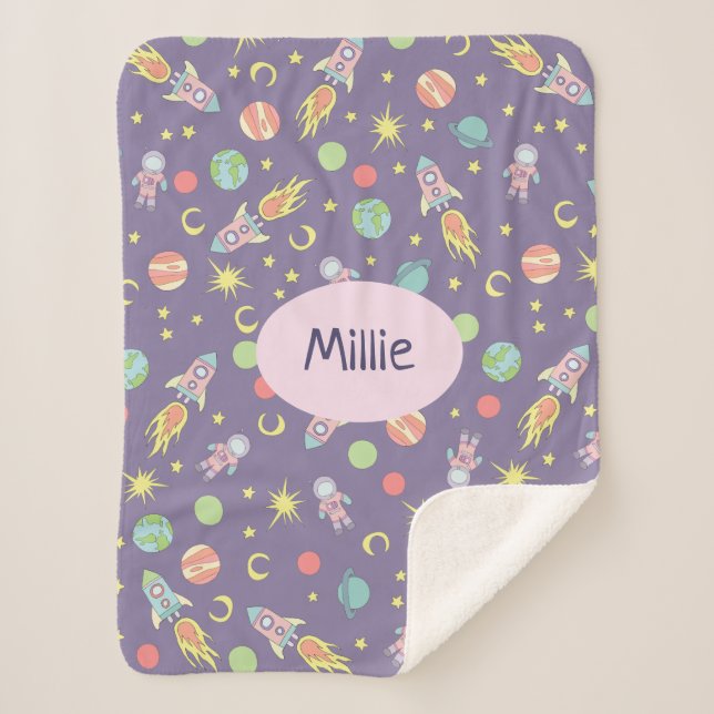 Girl's Pink Rocket Ship Space Pattern and Name Sherpa Blanket (Front)