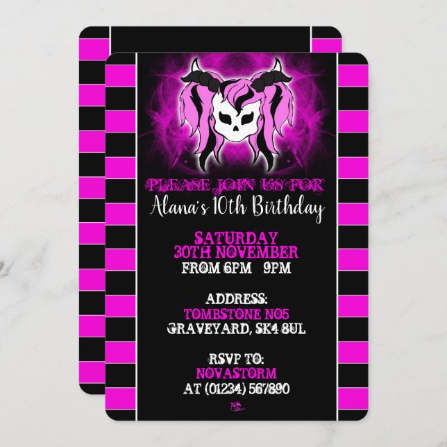 Girls Pink Skull Birthday invitations (Front/Back)