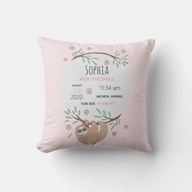 Girls Pink Sleeping Sloth Birth Stats Nursery Cushion (Front)