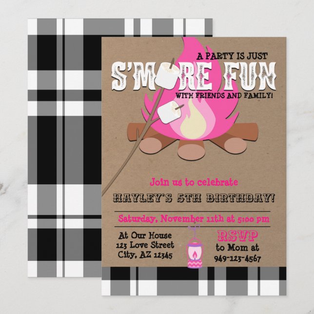 Girls Pink S'more fun with friends camp fire plaid Invitation (Front/Back)