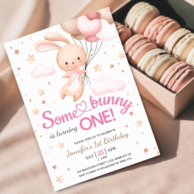 Girls Pink Some Bunny is ONE! Bunny 1st Birthday Invitation (Creator Uploaded)