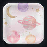 Girl's Pink Space Party Plates<br><div class="desc">Girl's Space Paper Plates
Ready to be personalised by you!</div>