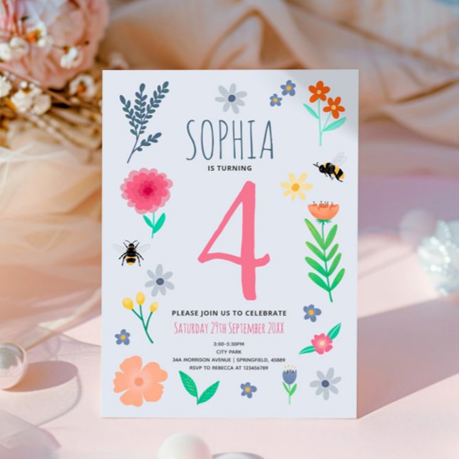 Girls Pink Spring Floral Bee Kids Birthday Invitation (Creator Uploaded)