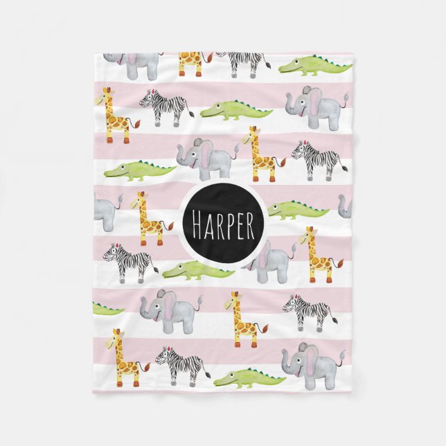 Girl's Pink Striped Safari Animal with Name Kids Fleece Blanket (Front)