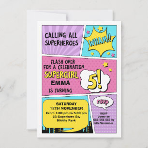 Girls Pink Superhero 5th Birthday Invitation
