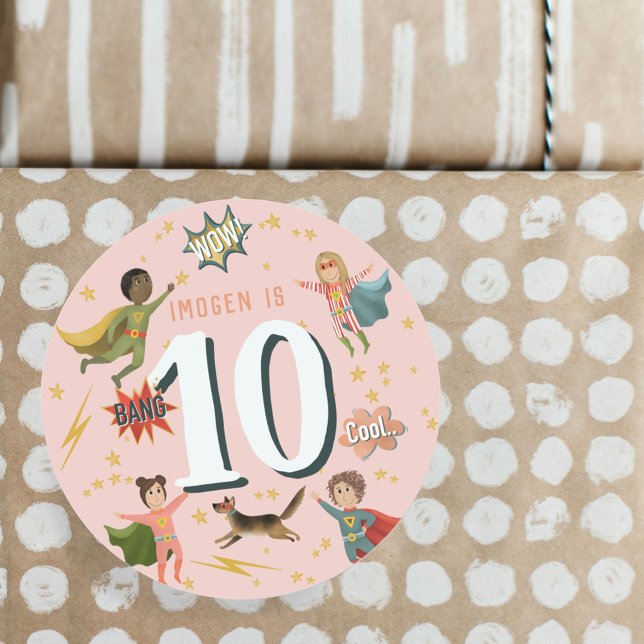 Girls Pink Superhero Kids Age Birthday Classic Round Sticker (Creator Uploaded)