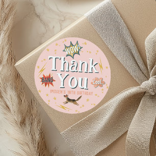 Girls Pink Superhero Kids Birthday Favour Classic Round Sticker