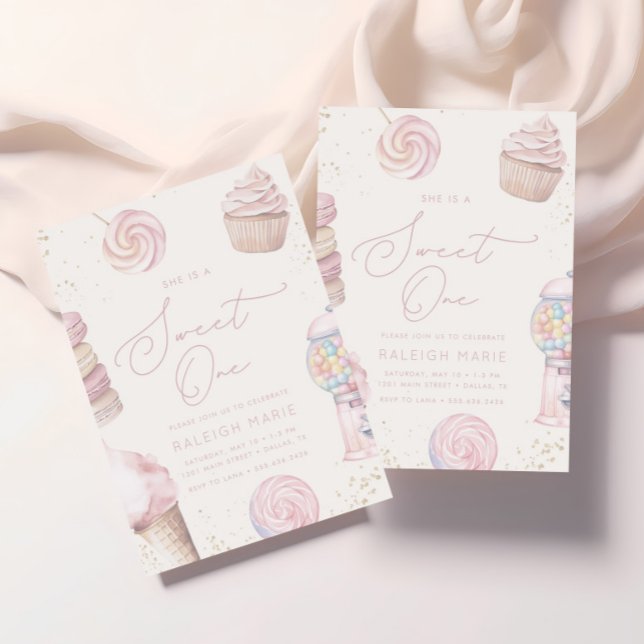 Girls' Pink Sweet One Candy Ice Cream 1st Birthday Invitation (Creator Uploaded)